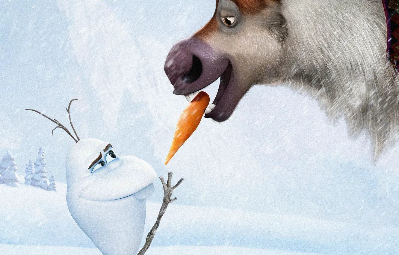 Photo wallpaper snow, ice, deer, carrot, snowman, Frozen, Kingdom, Walt Disney