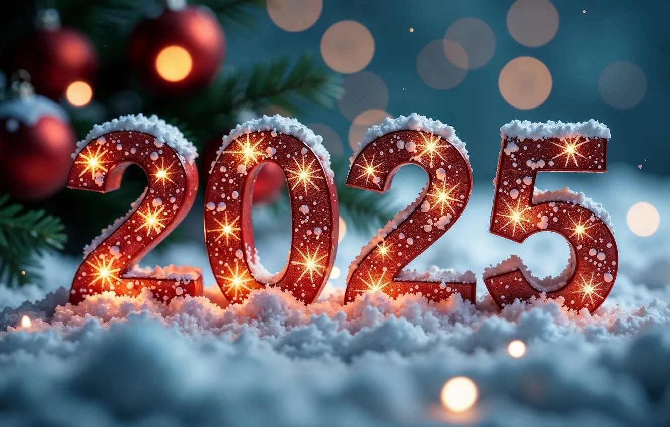 Photo wallpaper winter, balls, snow, snowflakes, night, branches, red, lights