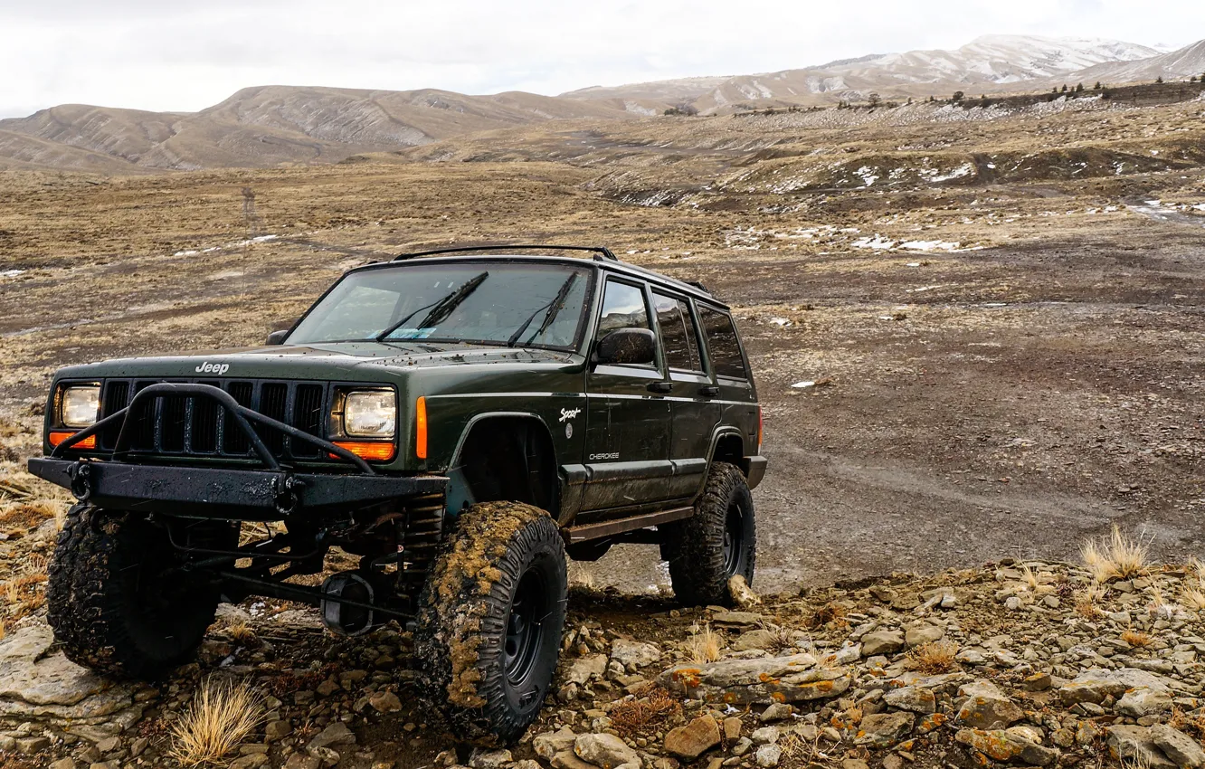Photo wallpaper mountains, stones, SUV, the roads, American, four-wheel drive, Jeep Cherokee