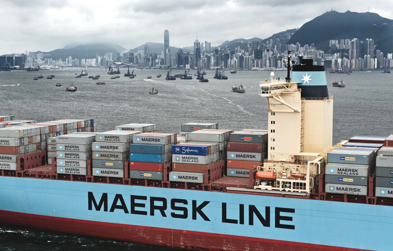 Photo wallpaper Hong Kong, The city, Court, The ship, A lot, A container ship, Overcast, Maersk