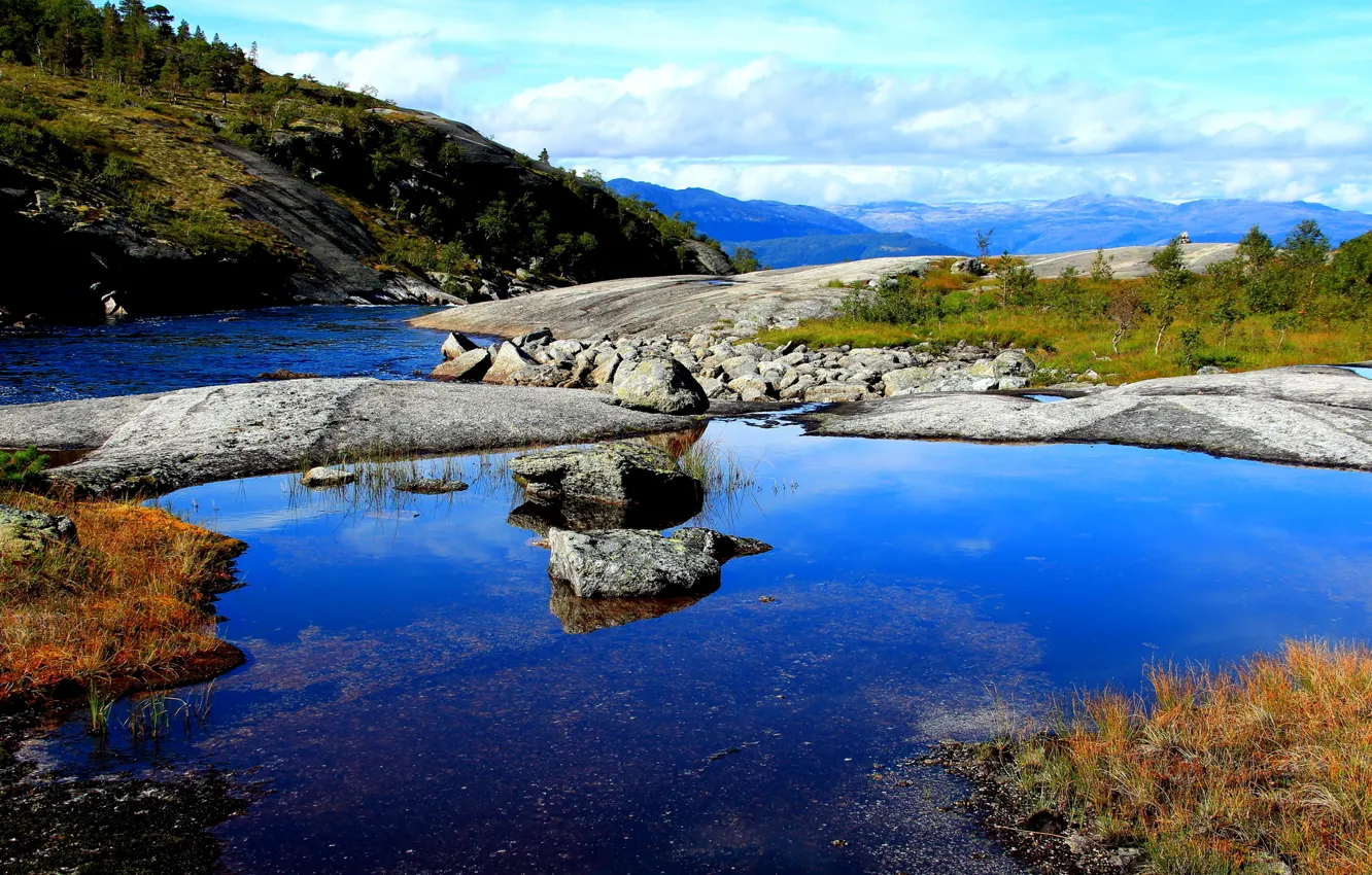 Photo wallpaper the sky, trees, mountains, rock, river, stones