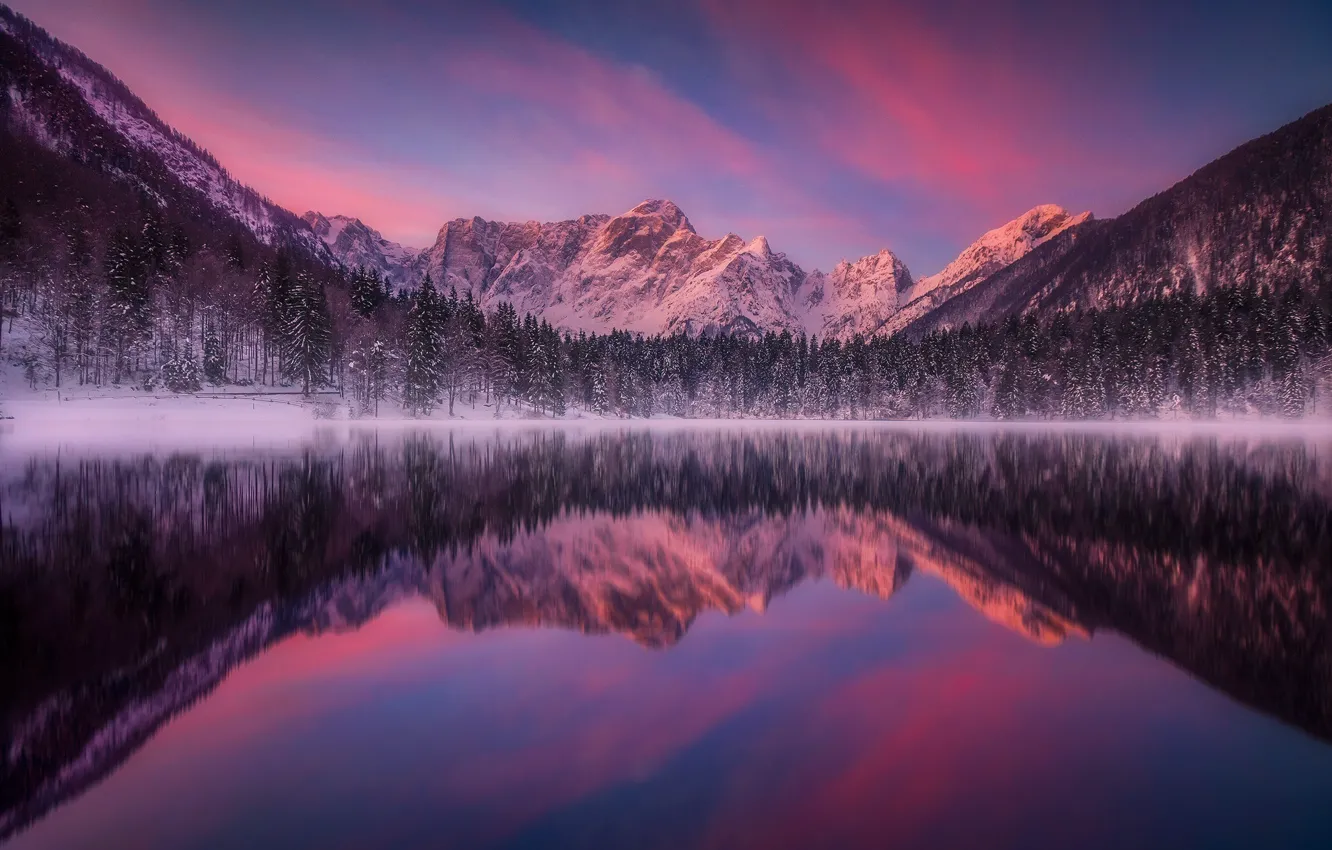 Photo wallpaper winter, forest, the sky, snow, reflection, mountains, lake