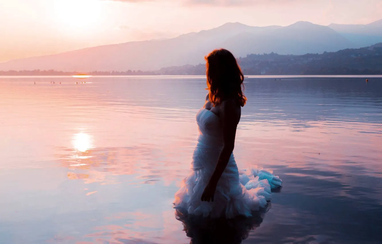 Photo wallpaper girl, sunset, romantic, angel, love, sea