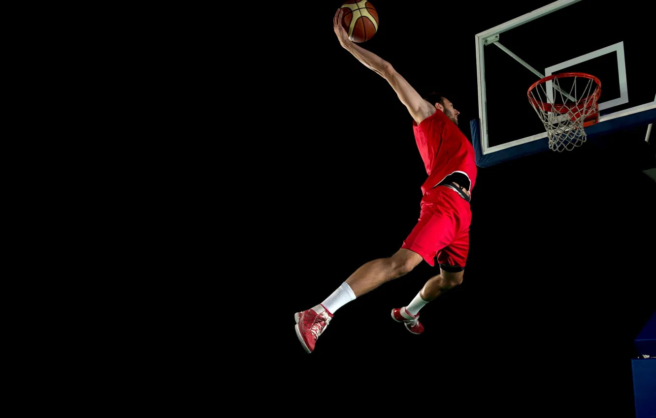 Photo wallpaper mesh, jump, basket, shorts, the ball, t-shirt, red, athlete