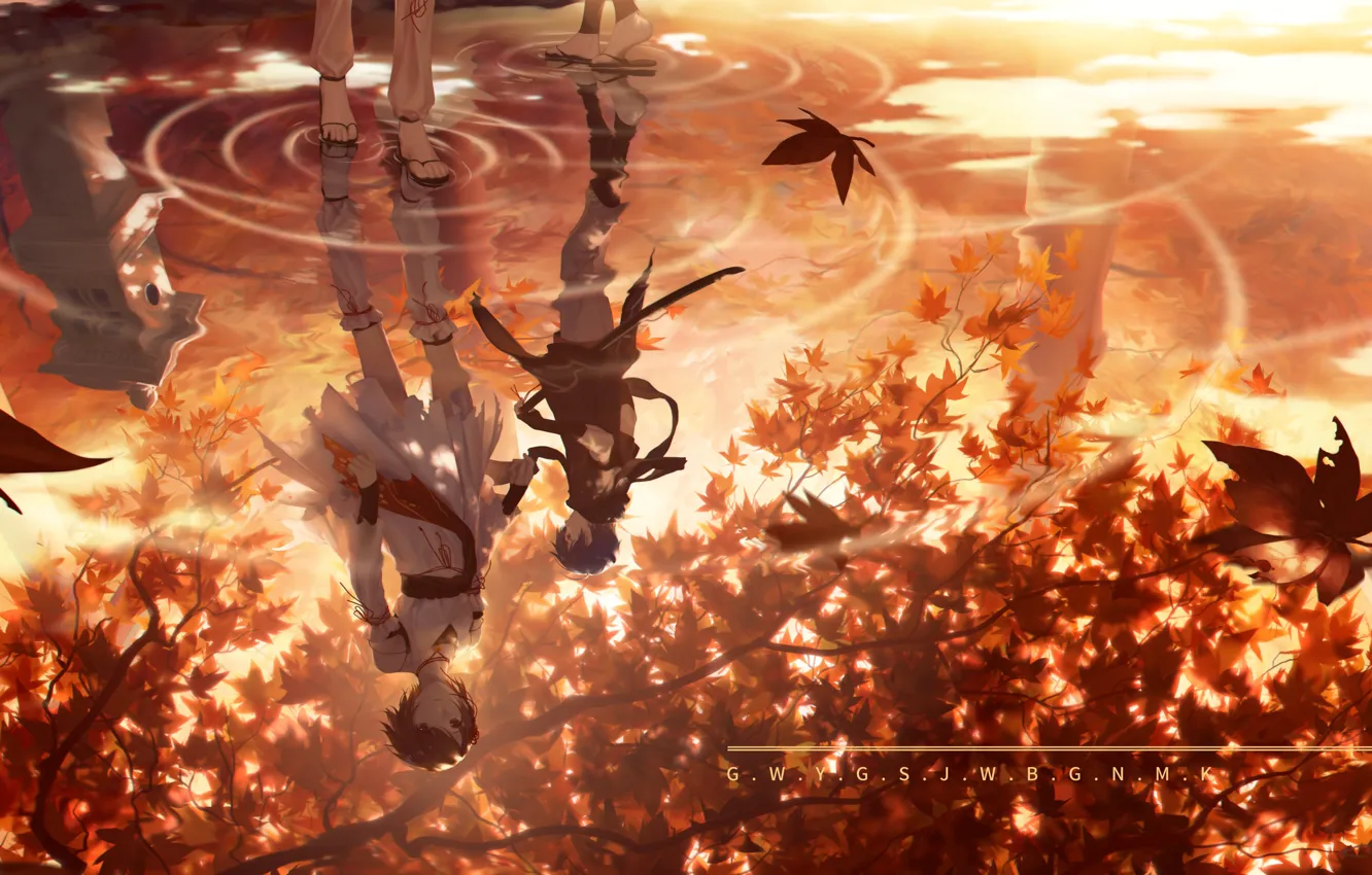 Photo wallpaper autumn, water, girl, guy, Sakine Meiko, Vocaloids, Shion Kaito