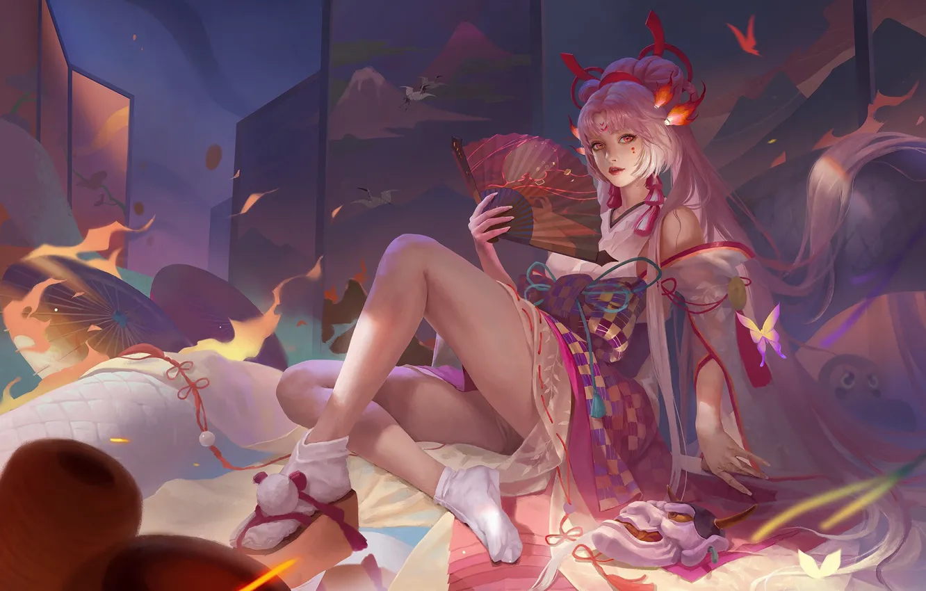 Photo wallpaper girl, style, dress, mask, fan, art, girl, Asian