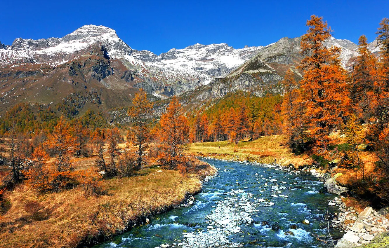 Photo wallpaper autumn, snow, trees, mountains, nature, river, Italy, Trackware
