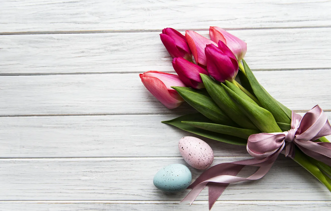 Photo wallpaper flowers, eggs, bouquet, spring, colorful, Easter, tulips, happy