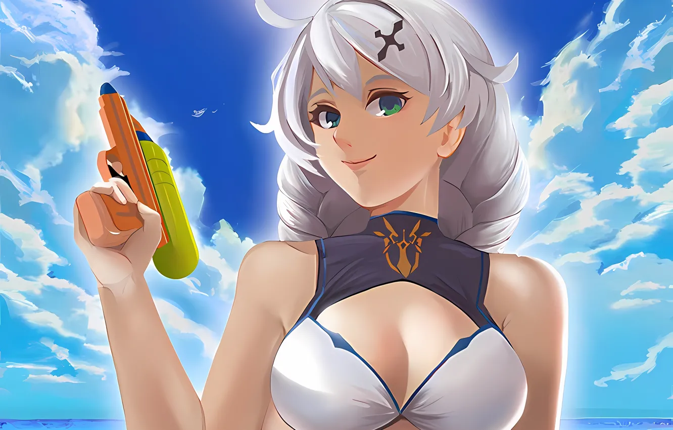 Photo wallpaper girl, sexy, cleavage, beach, sky, green eyes, long hair, sea