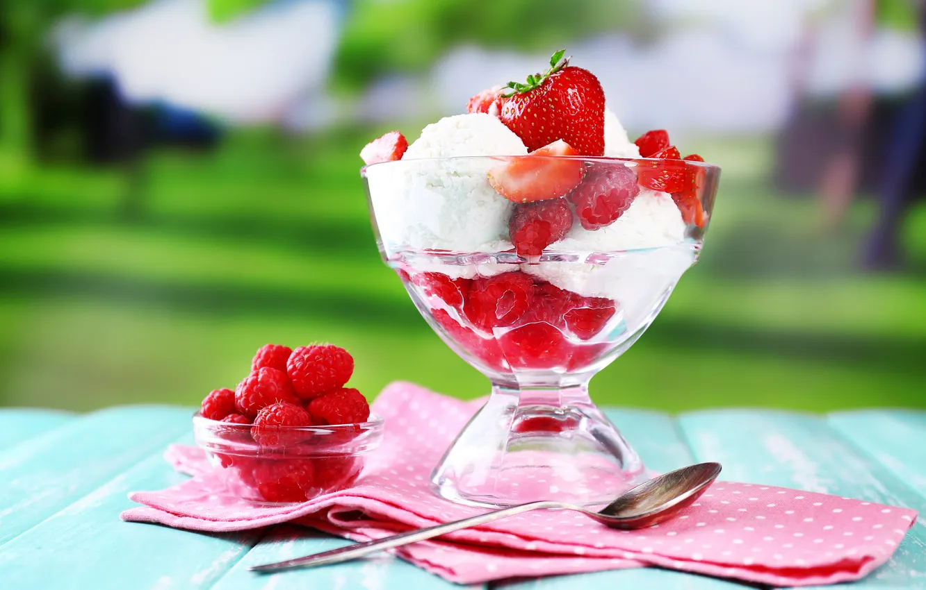 Photo wallpaper raspberry, strawberry, spoon, ice cream, dessert, napkin