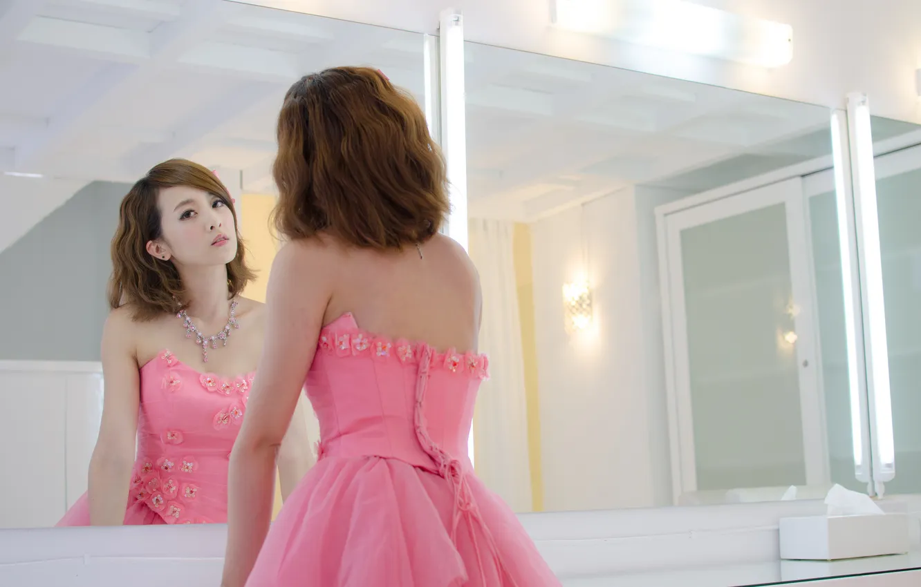 Photo wallpaper girl, face, reflection, hair, dress, mirror, beauty