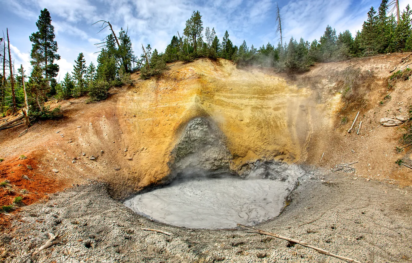 Photo wallpaper the sky, trees, mountains, the volcano, dirt, USA, Yellowstone