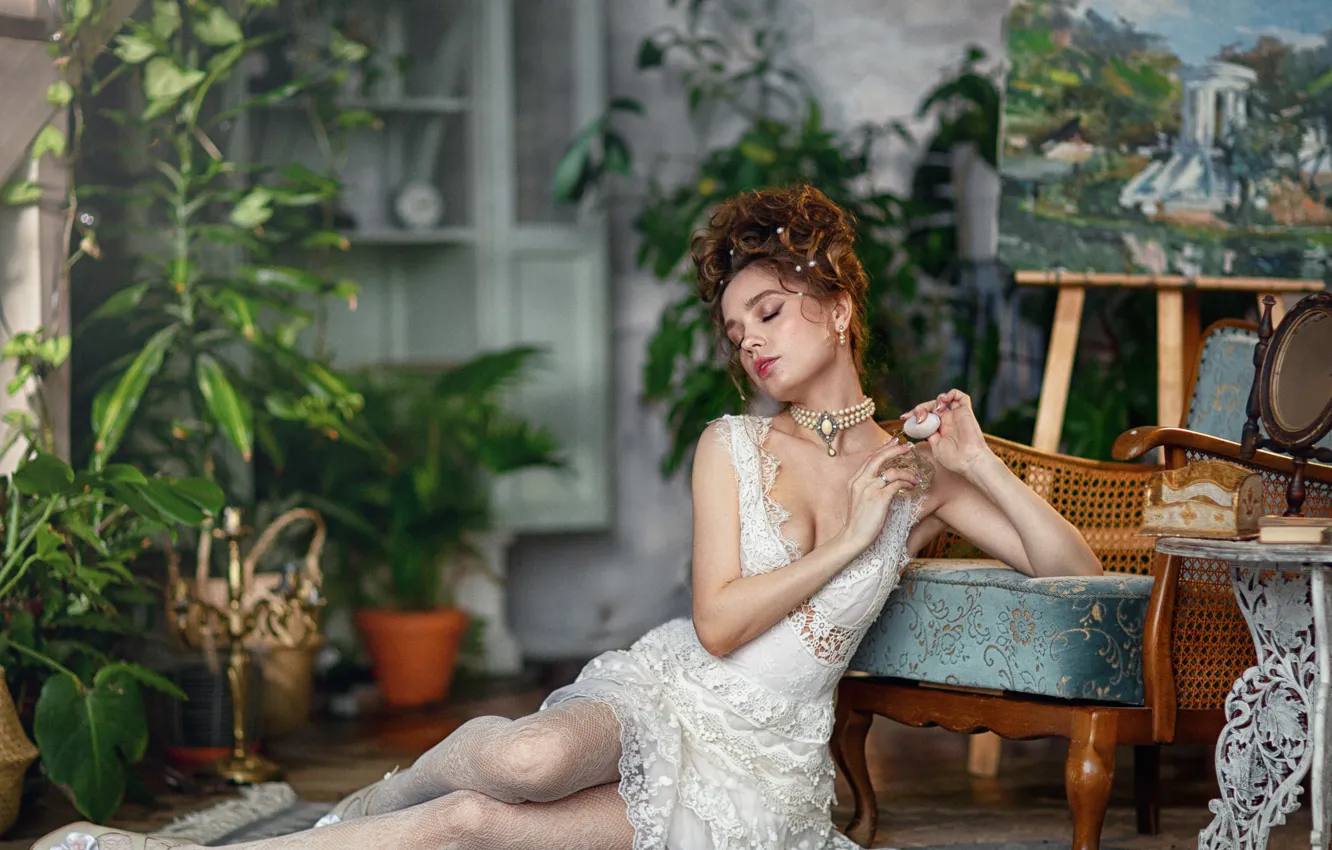 Photo wallpaper pose, glamour, Kate, on the floor, beautiful girl, Nega, sitting, closed eyes