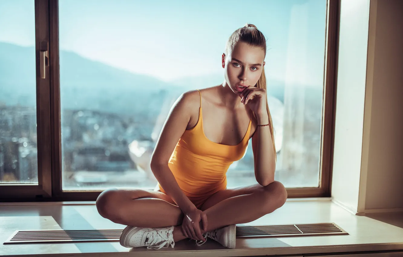 Photo wallpaper look, girl, pose, Mike, window, blonde, sill, sneakers