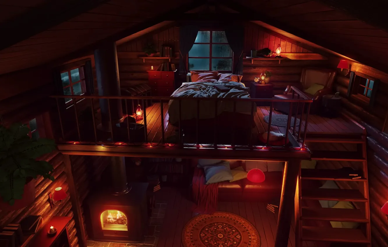 Photo wallpaper fire, wood, bed, cabin, cabinet in bunker, lights effect