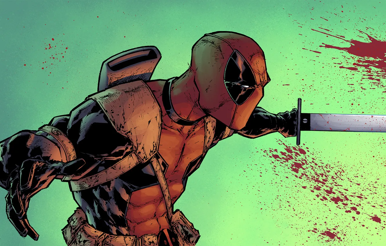 Photo wallpaper blood, sword, mask, villain, art, Deadpool, Marvel Comics, Wade Wilson
