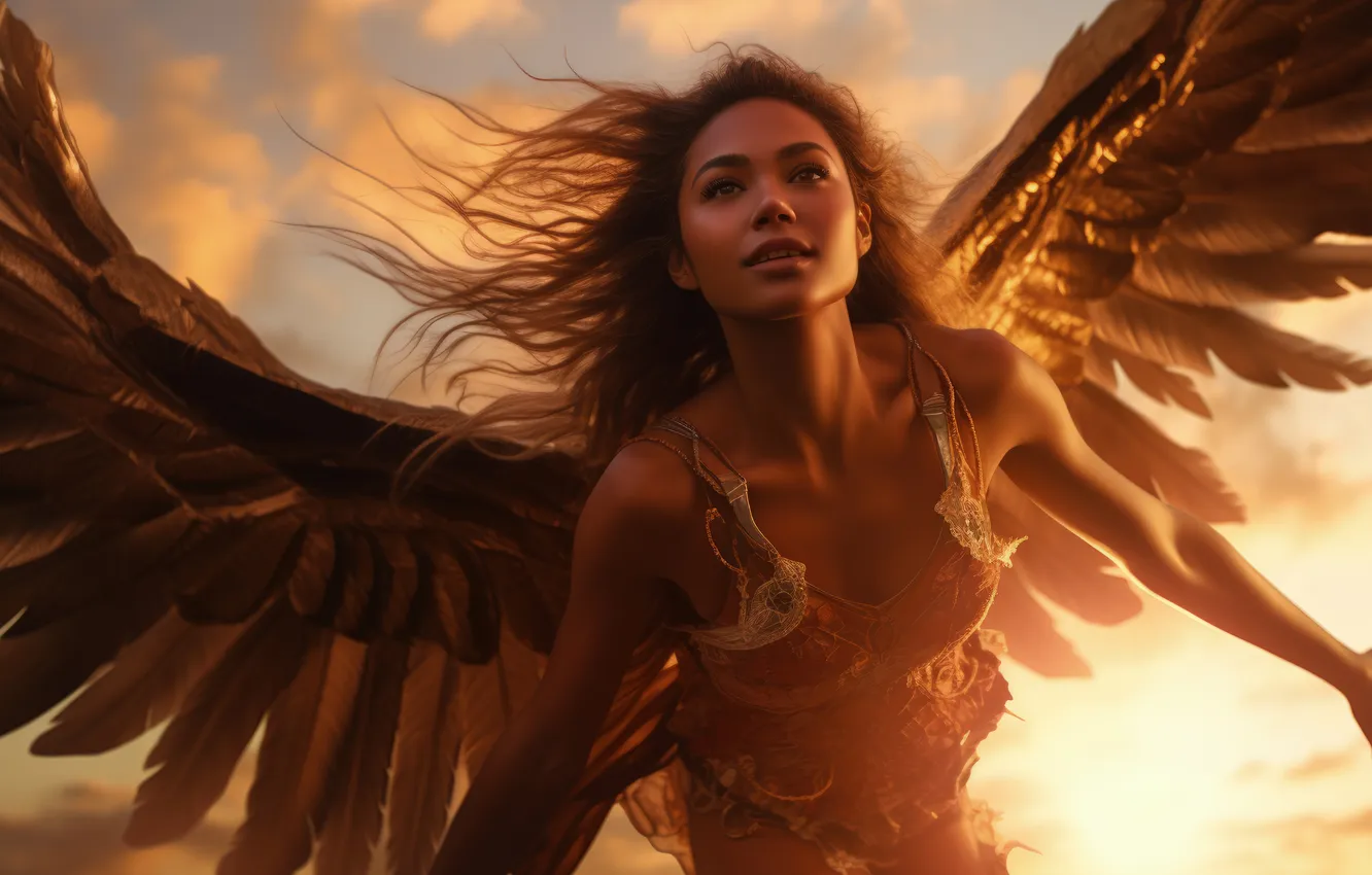 Photo wallpaper girl, flight, dawn, hair, wings, angel, digital art, AI art