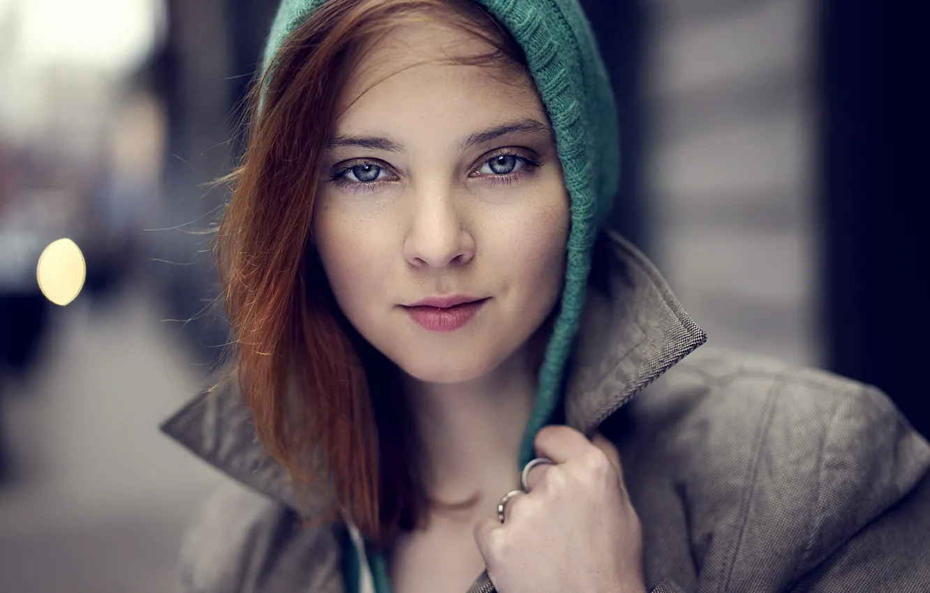 Photo wallpaper eyes, look, girl, portrait, brunette, hood, coat