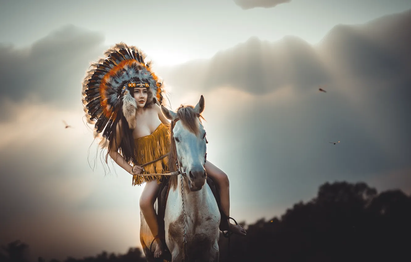 Photo wallpaper girl, face, horse, feathers, jump, headdress