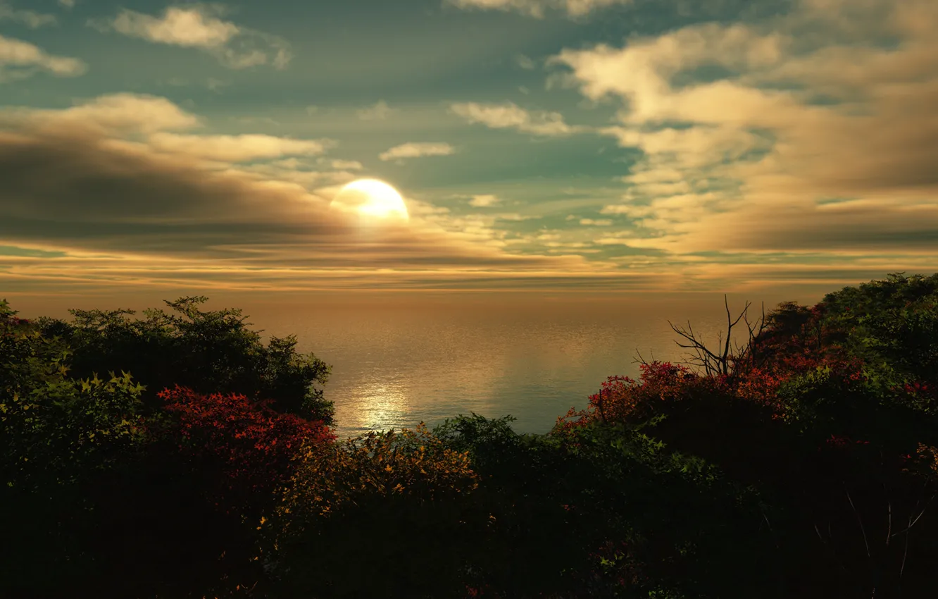 Photo wallpaper sea, clouds, sunset