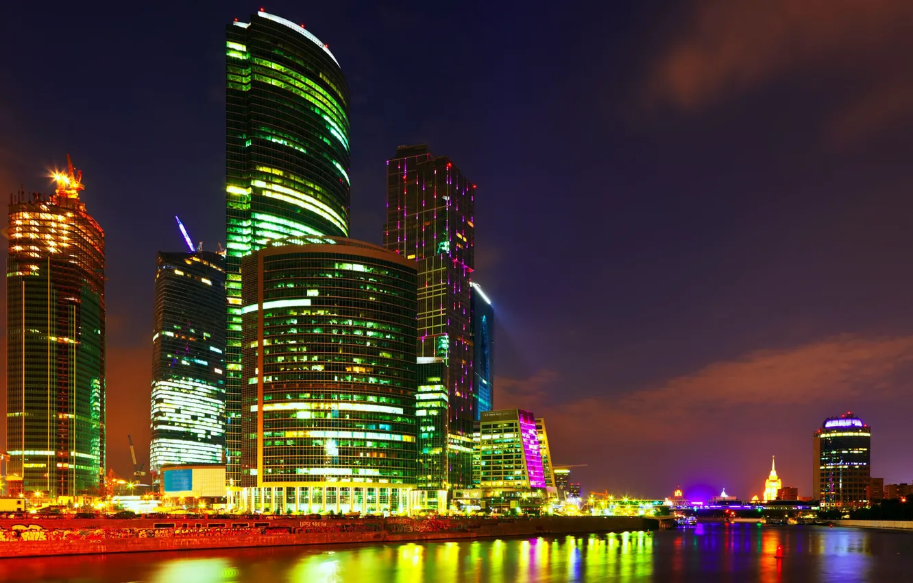 Photo wallpaper landscape, river, night lights, skyscrapers, The city, Moscow