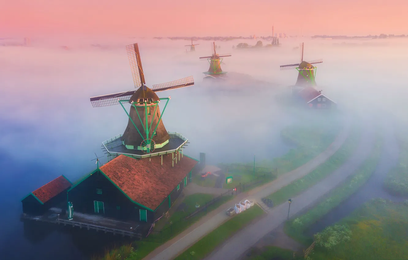 Photo wallpaper fog, panorama, Netherlands, windmill