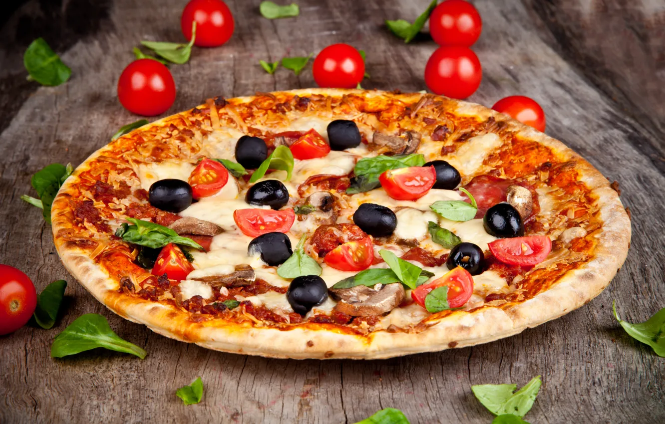 Photo wallpaper mushrooms, food, cheese, leaves, pizza, tomatoes, dish, olives