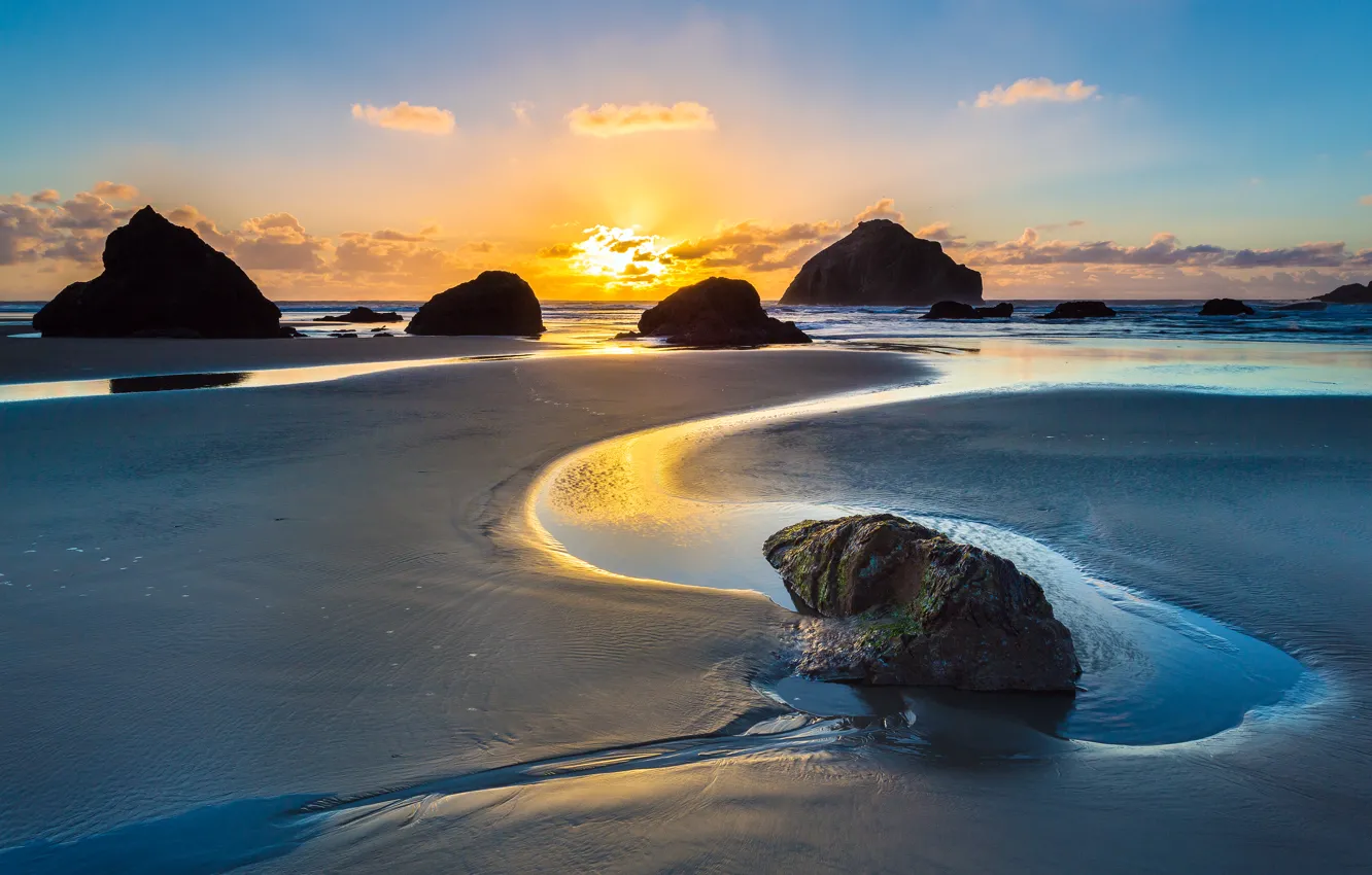 Photo wallpaper beach, the ocean, rocks, dawn, USA, Oregon, "Face Rock" in Bandon