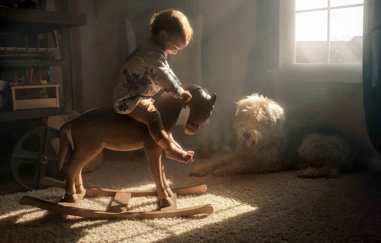 Photo wallpaper children, comfort, horse, home, dog