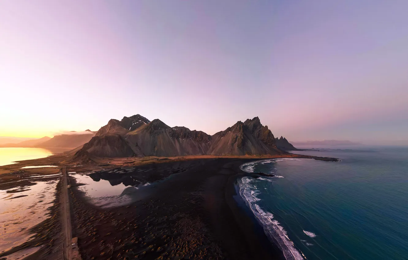 Photo wallpaper sunset, mountains, the ocean, horizon, Iceland, ocean, sunset, mountains