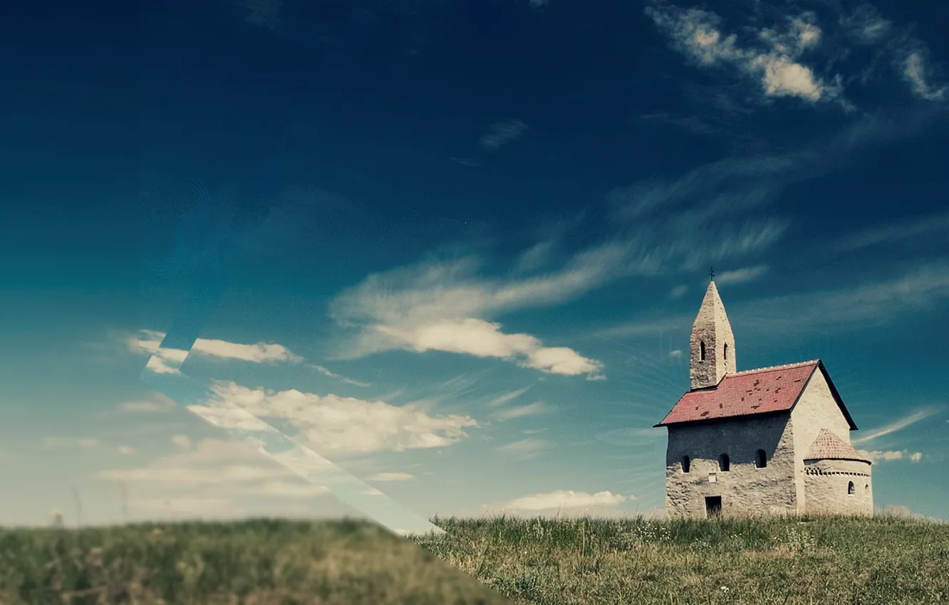 Photo wallpaper field, the sky, grass, clouds, Church