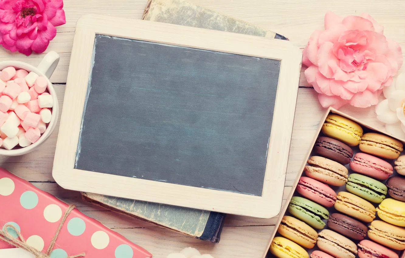 Photo wallpaper flowers, gift, colorful, wood, pink, flowers, postcard, macarons