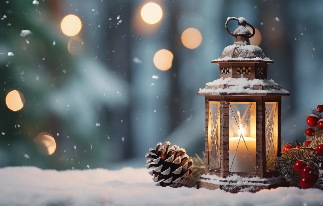 Photo wallpaper winter, snow, night, new year, Christmas, lights, Christmas, night
