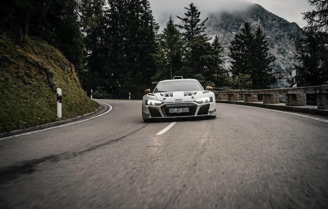 Photo wallpaper car, Audi, road, trees, front, headlights, R8, ABT XGT