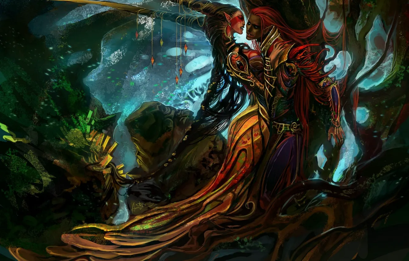 Photo wallpaper forest, girl, trees, magic, elf, fantasy, art, crystals