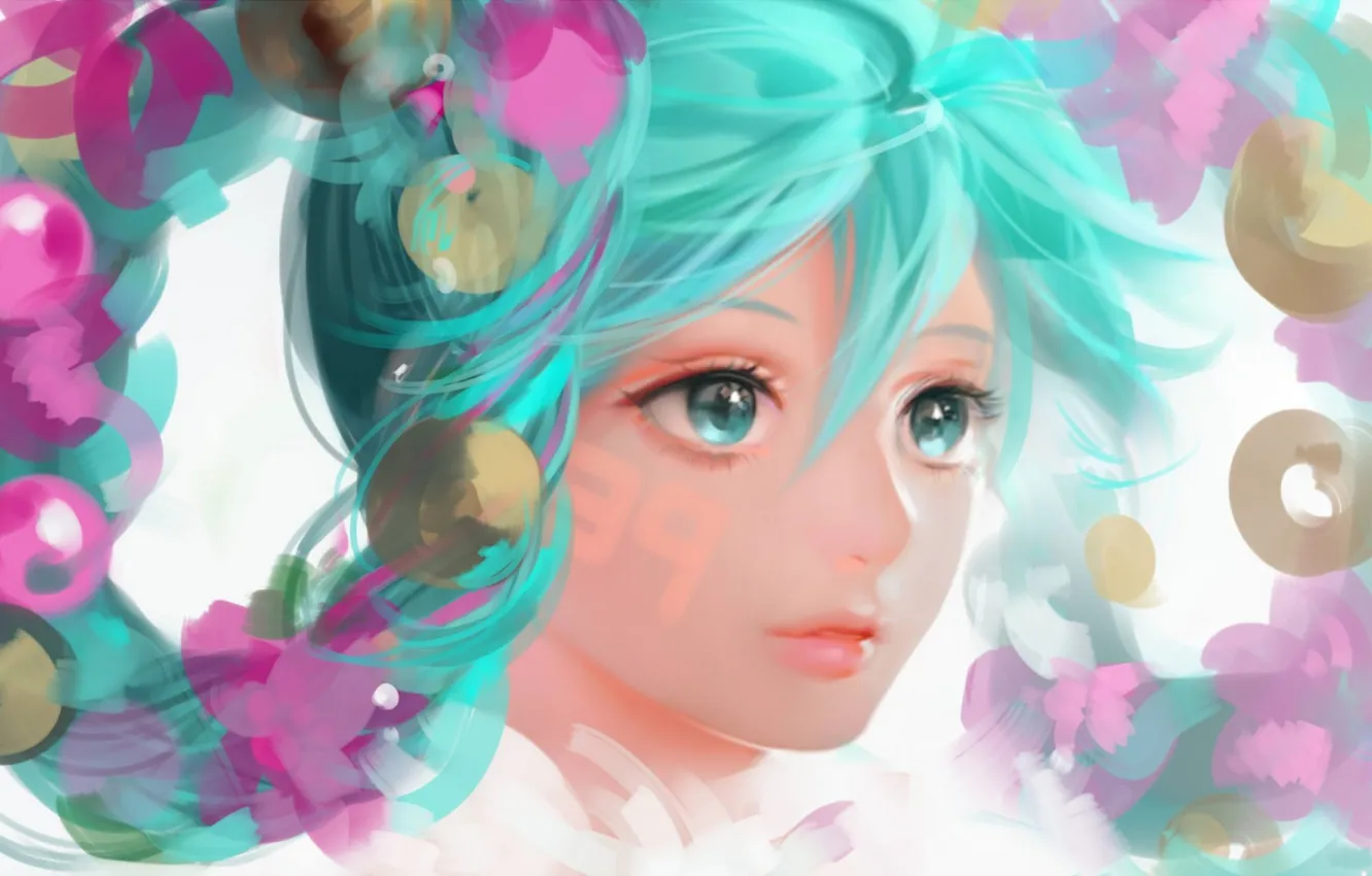 Photo wallpaper eyes, girl, face, anime, art, vocaloid, hatsune miku, airspace