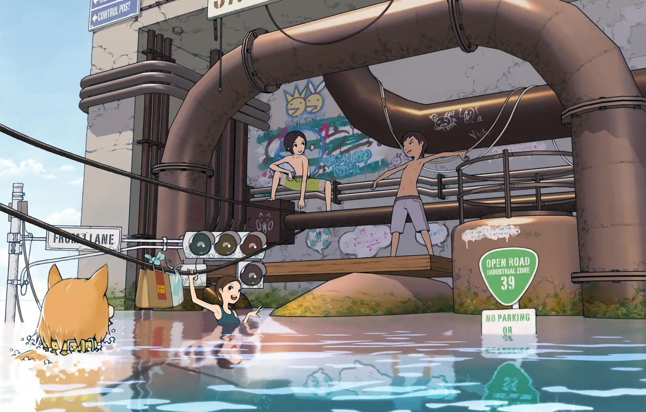 Photo wallpaper water, children, sign, wire, dog, anime, boy, art