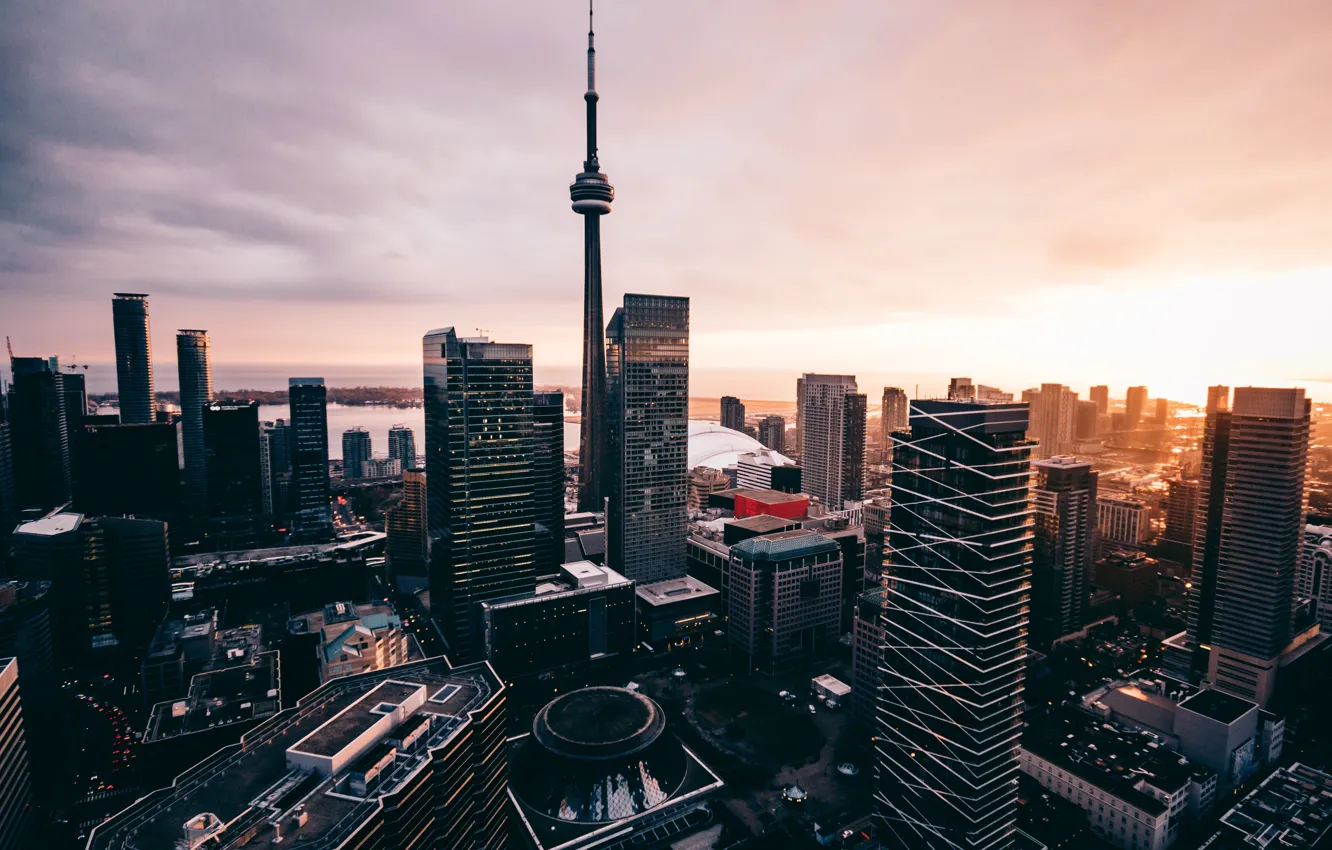 Photo wallpaper Sunset, Tower, The city, Canada, Dawn, Skyscrapers, Building, The building