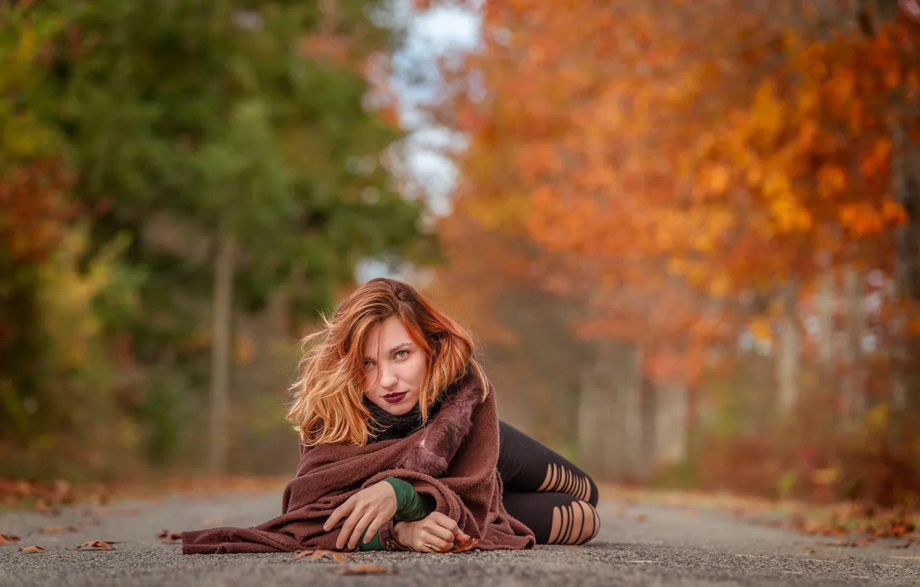Photo wallpaper road, autumn, look, girl, brown hair, bokeh