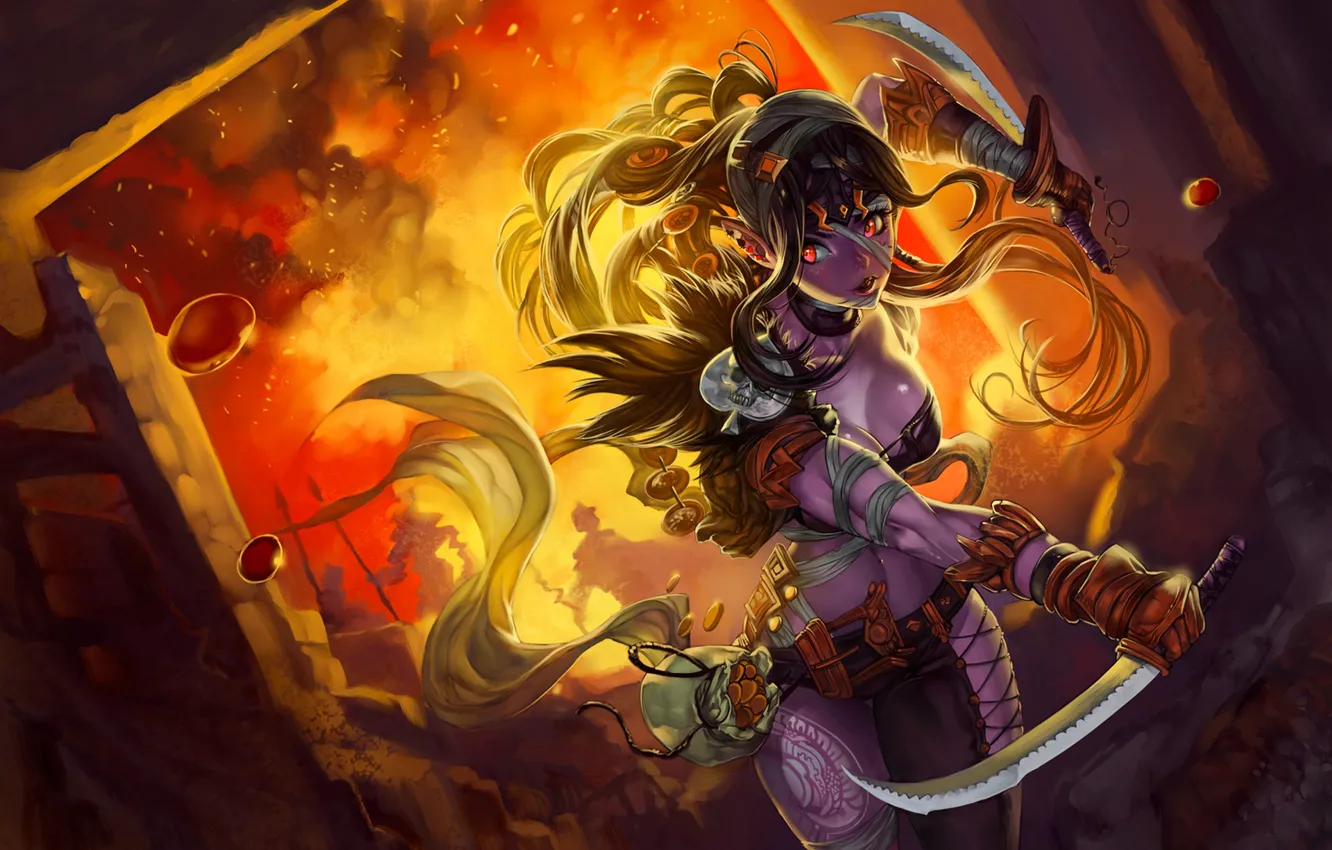 Photo wallpaper girl, hair, art, dual sword