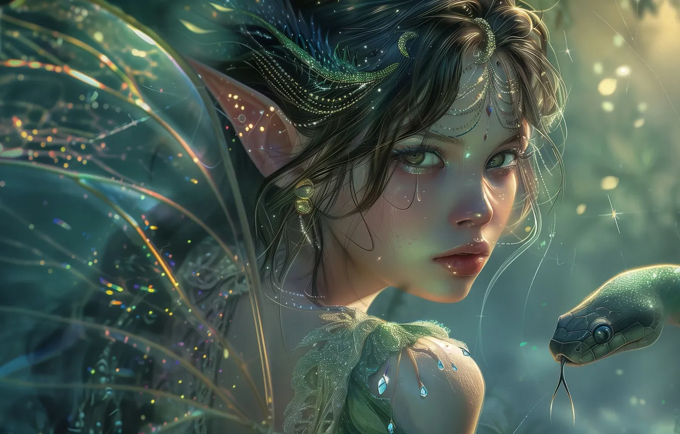 Photo wallpaper look, girl, hair, snake, wings, fairy, digital art, AI art