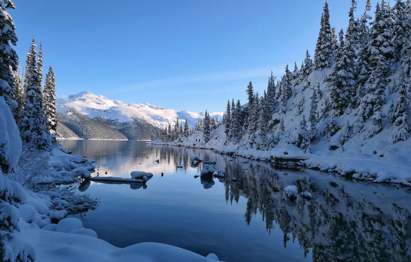 Photo wallpaper winter, snow, mountains, lake, reflection, Canada, Canada, British Columbia
