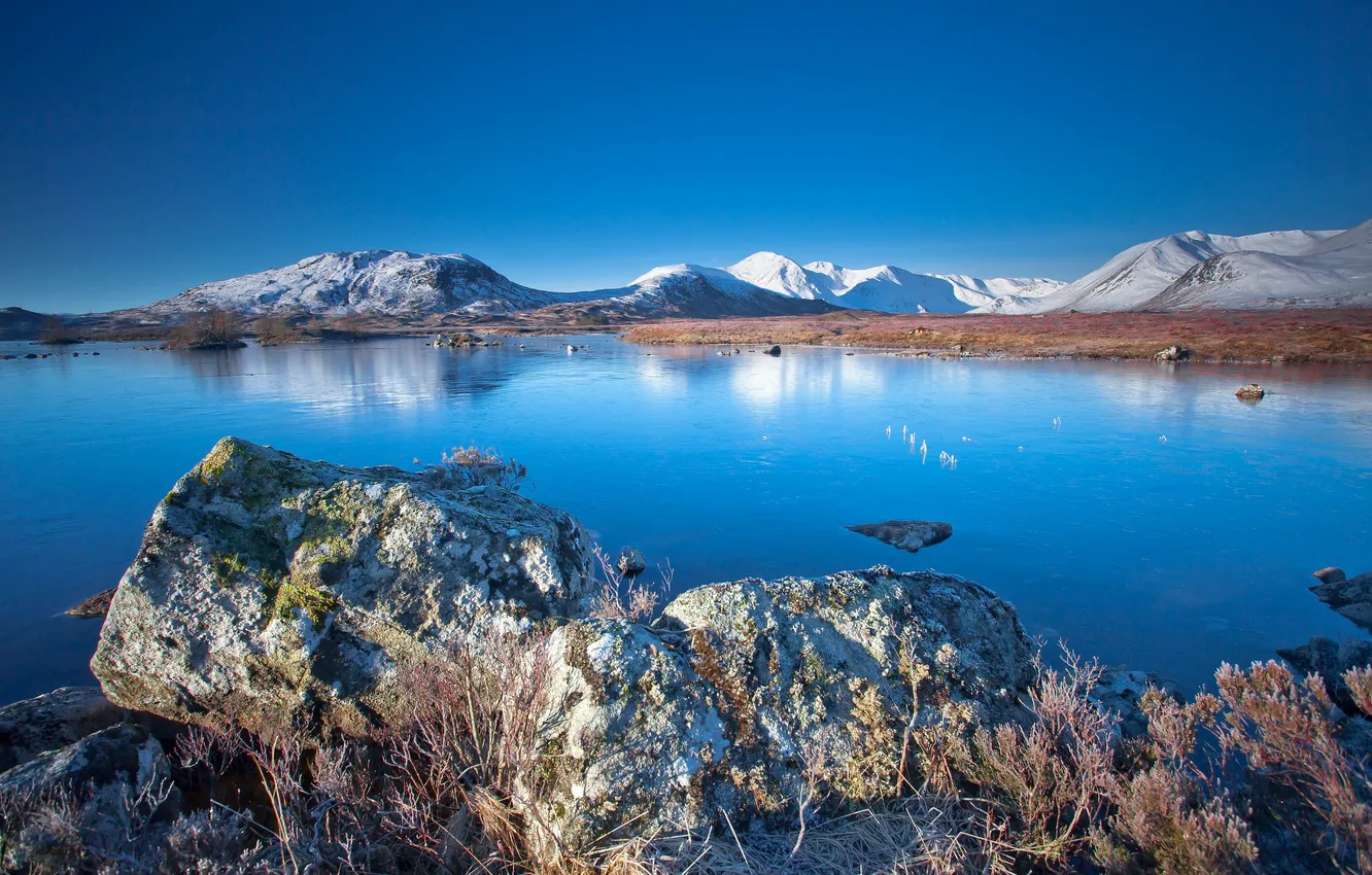 Photo wallpaper mountains, lake, rocks