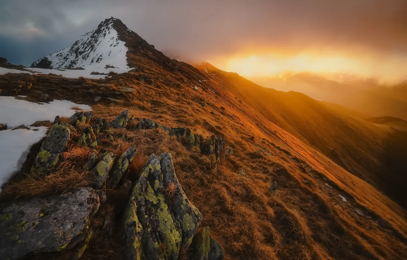 Photo wallpaper light, sunset, mountains