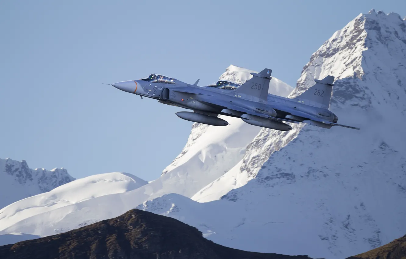 Photo wallpaper flight, mountains, fighter, pair, Gripen, JAS 39