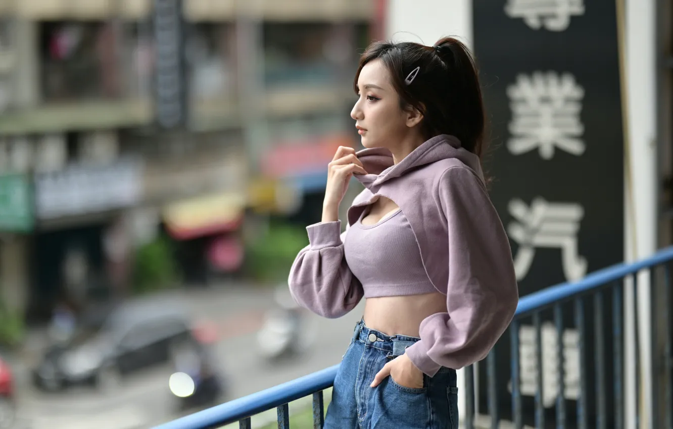 Photo wallpaper pose, model, portrait, jeans, makeup, brunette, hairstyle, railings