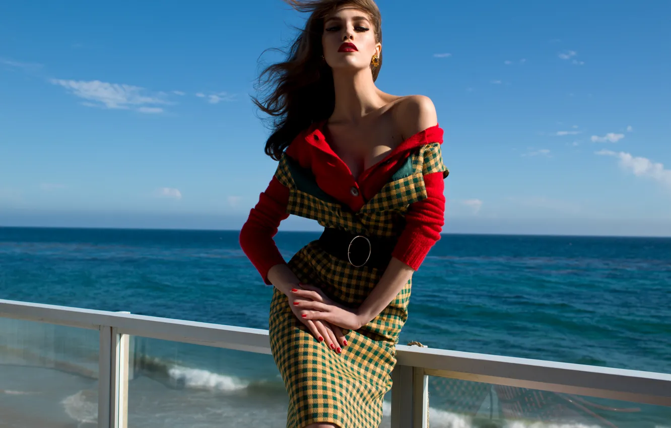 Photo wallpaper sea, the sky, look, the wind, model, brown hair
