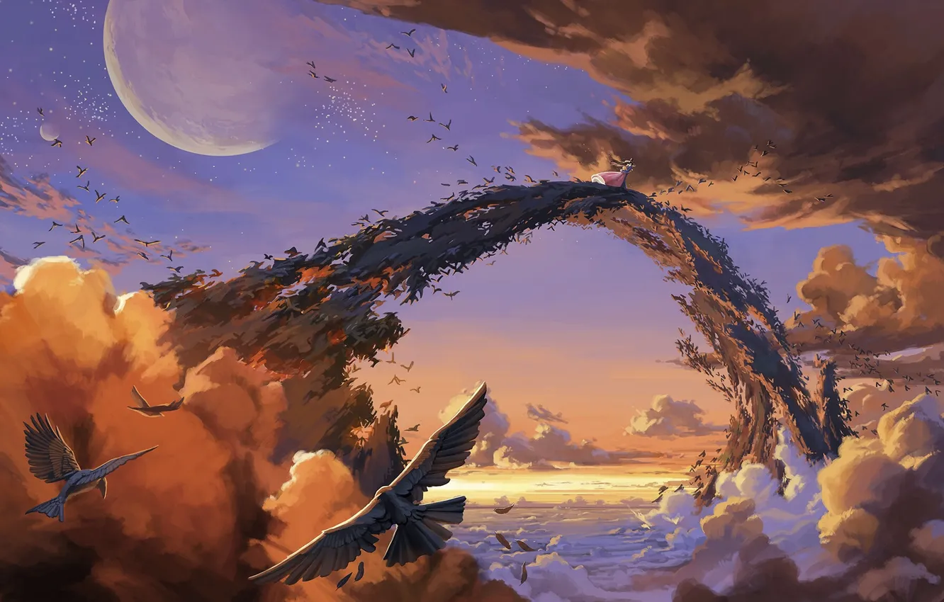 Photo wallpaper moon, fantasy, sky, bridge, clouds, birds, artwork, fantasy art