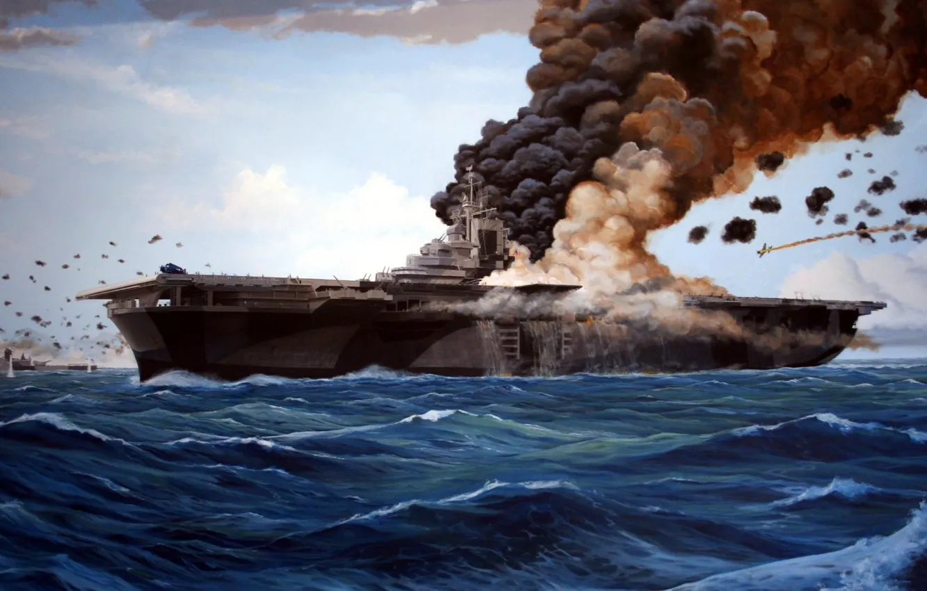 Photo wallpaper sea, the plane, fire, war, smoke, ship, the carrier