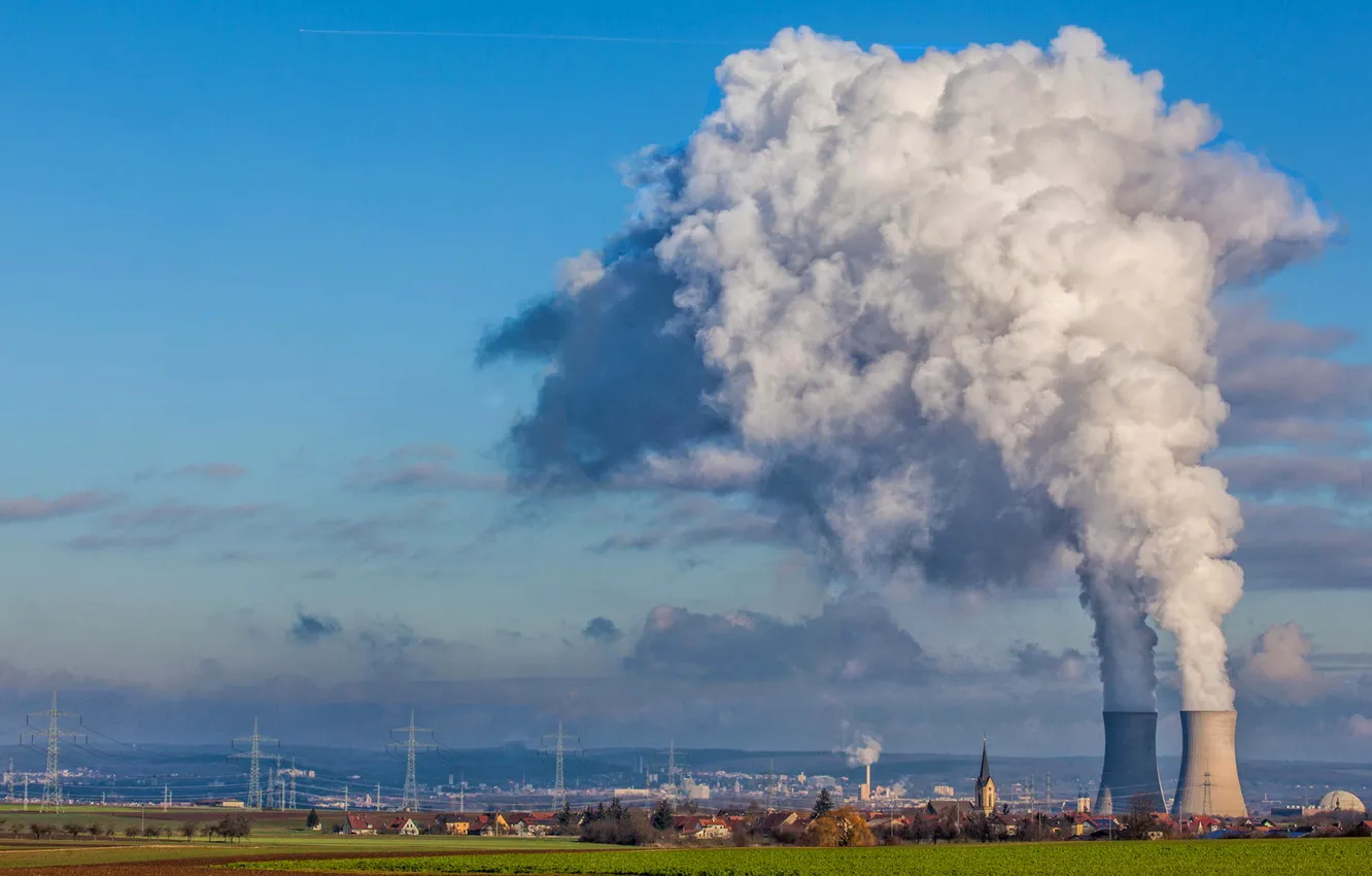 Photo wallpaper the sky, clouds, the city, pair, Church, Cooling tower